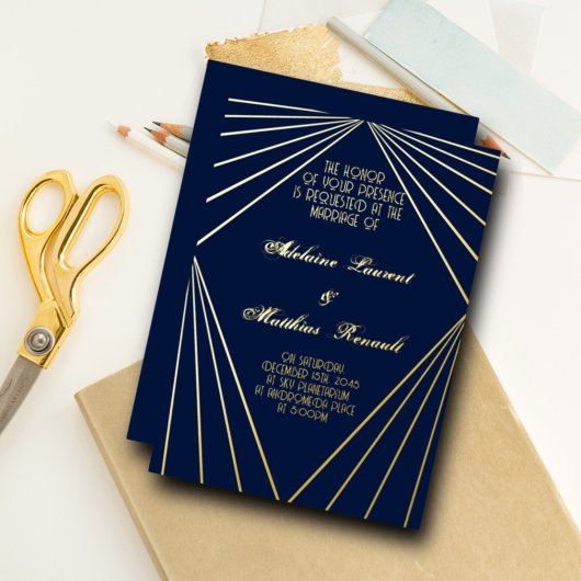 Art Deco Wedding Navy Blau und Gold Folieneinladung