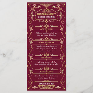 Art Deco Wedding Reception Dinner Gold Burgund Menükarte