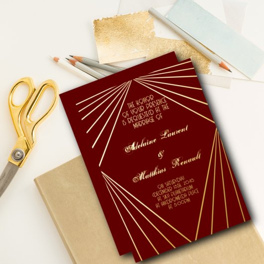 Art Deco Wedding Red und Gold Folieneinladung