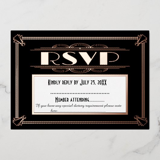 Art Deco Wedding RSVP Card - Gatsby Theme der 20er Folieneinladung (Vorderseite)