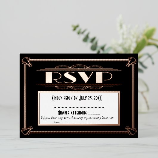 Art Deco Wedding RSVP Card - Gatsby Theme der 20er Folieneinladung (Stehend vorne)