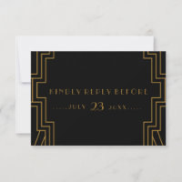 Art Deco Wedding RSVP Card Gold und Schwarz