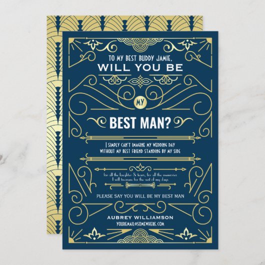Art Deco Wedding wird mein Trauzeuge Gold Blue Einladung (Vorne/Hinten)