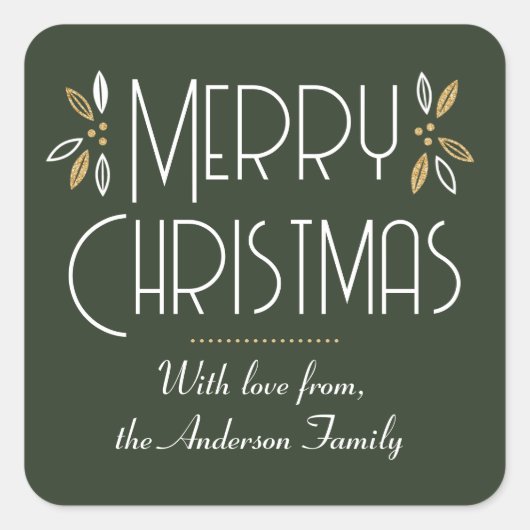 Art Deco Weihnachten Elegante Typografie Deep Gree Quadratischer Aufkleber (Vorderseite)