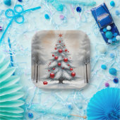 Art Deco Weihnachten Rote Ornamente Winter Pappteller (Party)