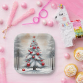 Art Deco Weihnachten Rote Ornamente Winter Pappteller (Party)