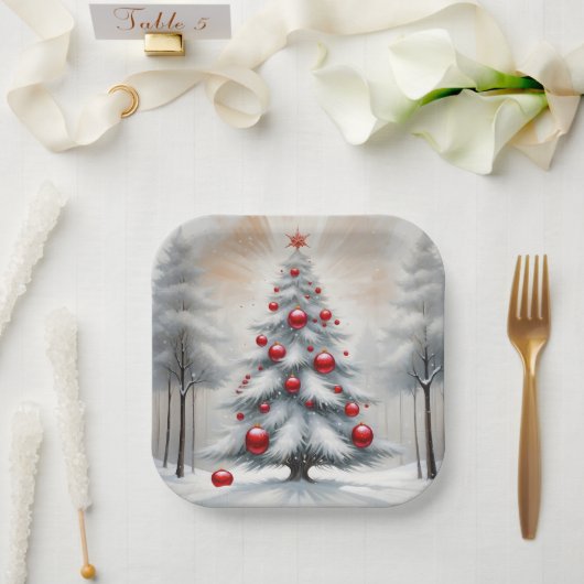 Art Deco Weihnachten Rote Ornamente Winter Pappteller (Hochzeit)