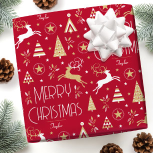 Art Deco Weihnachtsmann Rentier Individuelle Name Geschenkpapier