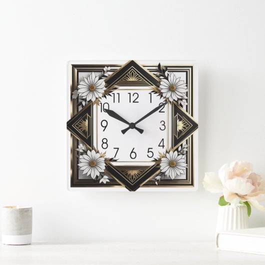 Art Deco weiße Blume Quadratische Wanduhr (Zuhause)