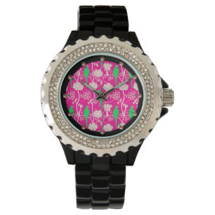 ART DECO WEISSE BLUME UND GRÜNE TEILE IN PINK ARMBANDUHR