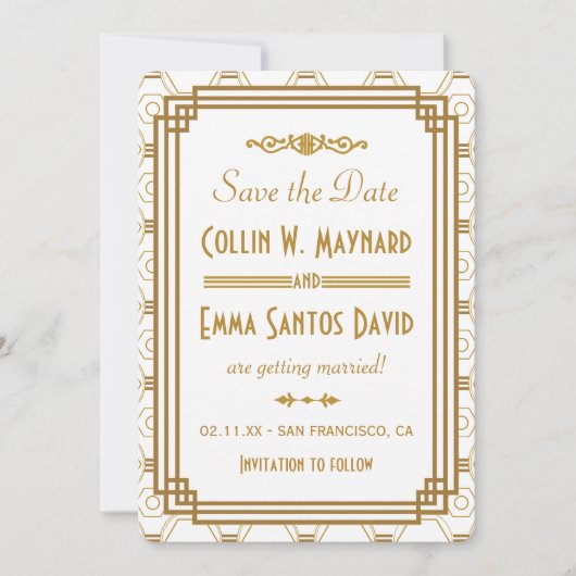Art Deco Weiße Save The Dates Date (Vorderseite)
