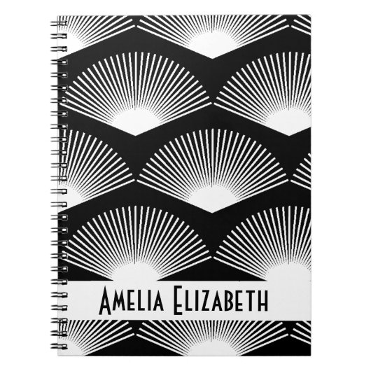 Art Deco Weißes Lüftermuster Schwarz personalisier Notizblock (Vorderseite)