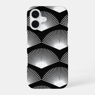 Art Deco Weißes Lüftermuster Schwarzer Hintergrund iPhone 16 Hülle