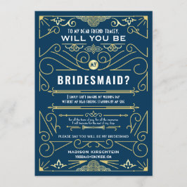 Art Deco werden Sie meine Bridesmaid Gold Blue sei Einladung