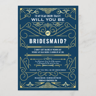 Art Deco werden Sie meine Bridesmaid Gold Blue sei Einladung