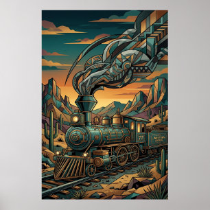 Art Deco Western Express Zug, geometrische Wandkun Poster