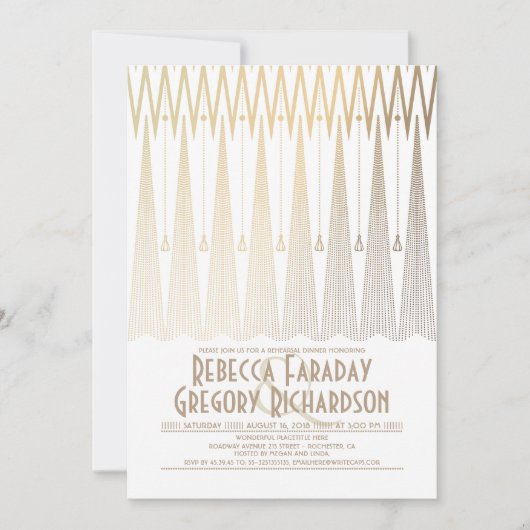 Art Deco White and Gold Gatsby Probe Dinner Einladung (Vorderseite)