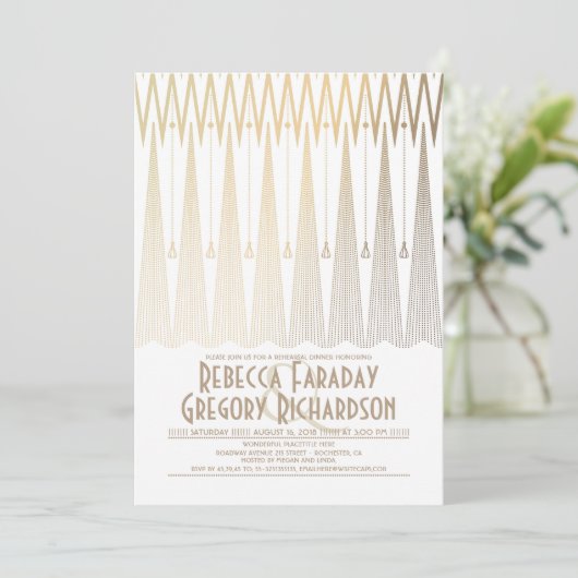 Art Deco White and Gold Gatsby Probe Dinner Einladung (Stehend Vorderseite)