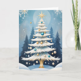 Art Deco White Christmas Tree Golden Metal Stem Feiertagskarte