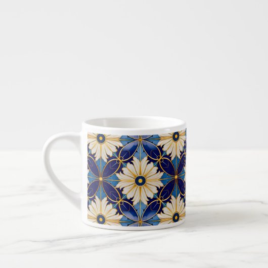 Art Deco White Petals Blue Gold Floral Muster Espressotasse (Links)