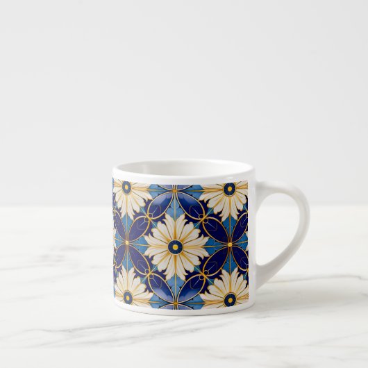 Art Deco White Petals Blue Gold Floral Muster Espressotasse (Rechts)
