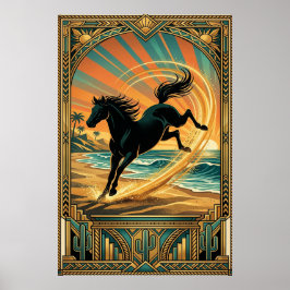 Art Deco Wild Horse Beach Sunset Teal Orange Poster