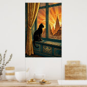 Art Deco Windowsill Gazing Cat Wall Art Poster (Küche)