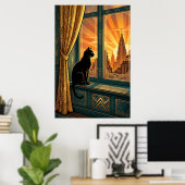 Art Deco Windowsill Gazing Cat Wall Art Poster (Heimbüro)