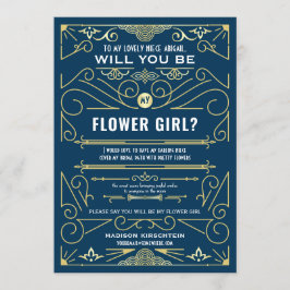 Art Deco wird mein Blumenmädchen Gold Blue sein Einladung