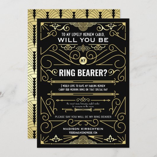 Art Deco wird mein Ring Bearer Gold Black sein Einladung (Vorne/Hinten)