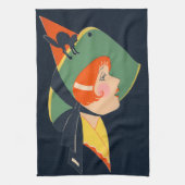 Art Deco Witch Hat Black Cat Geschirrtuch (Vertikal)