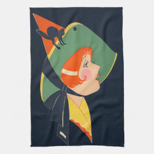 Art Deco Witch Hat Black Cat Geschirrtuch