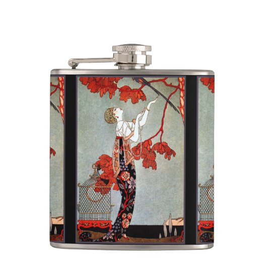 Art Deco Woman und Parrot Flachmann (Vorderseite)