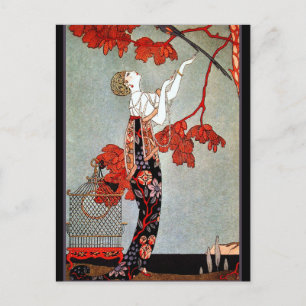 Art Deco Woman und Parrot Postkarte
