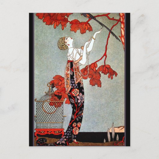 Art Deco Woman und Parrot Postkarte (Vorderseite)