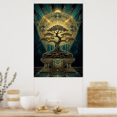 Art Deco Zen Bonsai Tree Mandala Gold Teal Poster (Küche)