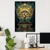 Art Deco Zen Bonsai Tree Mandala Gold Teal Poster (Heimbüro)