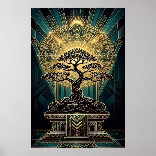 Art Deco Zen Bonsai Tree Mandala Gold Teal Poster (Vorne)