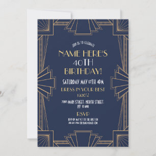 Art Deco zum Geburtstag Gatsby Party Navy & Gold d Einladung