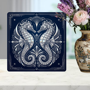 Art Deco Zwei Seepferdchen Perlmutter Blau Fliese