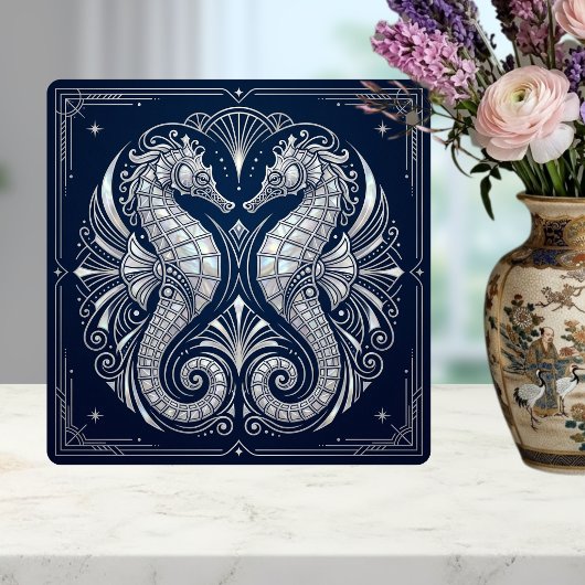 Art Deco Zwei Seepferdchen Perlmutter Blau Fliese