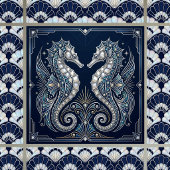 Art Deco Zwei Seepferdchen Perlmutter Blau Fliese