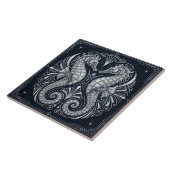Art Deco Zwei Seepferdchen Perlmutter Blau Fliese (Seite)