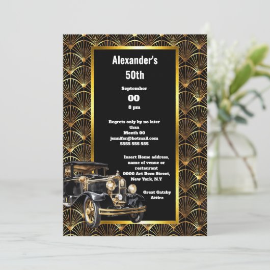 Art Deko Dodge Automobil-Bogengold Schwarzes Muste Einladung (Stehend Vorderseite)