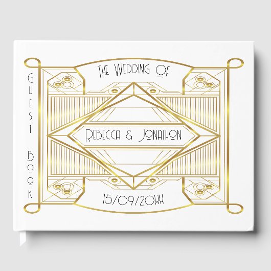 Art Deko Elegantes Gold und Weißes Gästebuch (Vorderseite)