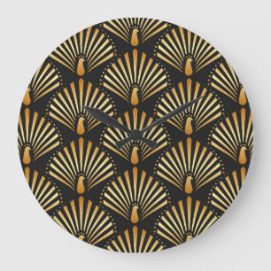 Art Deko Goldenes Pfauenmuster Große Wanduhr