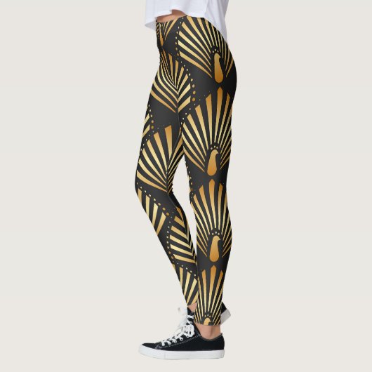 Art Deko Goldenes Pfauenmuster Leggings (Links)