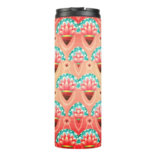 Art Deko Koralle rosa Blume Muster gelb aquamarin Thermosbecher (Rückseite)