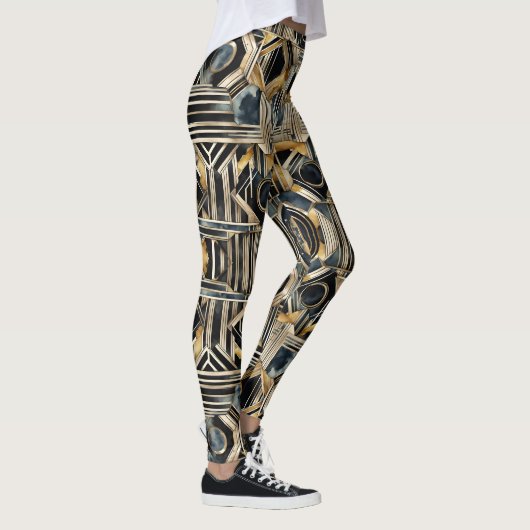 Art-Deko Marmor Schwarz und Gold Jazzy Geometric Leggings (Rechts)