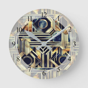 Art-Deko Marmor Schwarz und Gold Jazzy Geometric Runde Wanduhr
